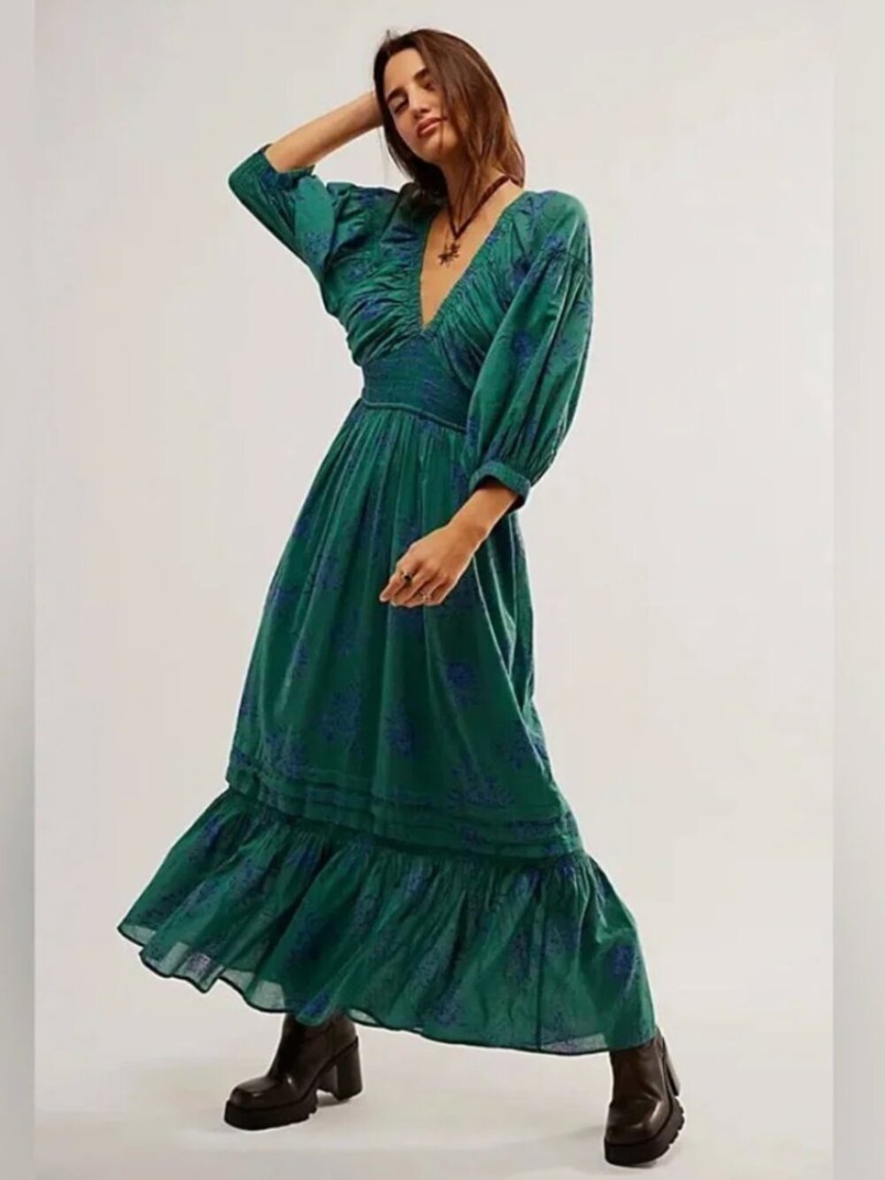 Free People Golden Hour Maxi Dress Bohemian Floral Dainty in Emerald Combo NWT